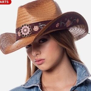 Embroidered Floral Tan Cowgirl Western Hat Size OS Festivals Party Beach NWOT